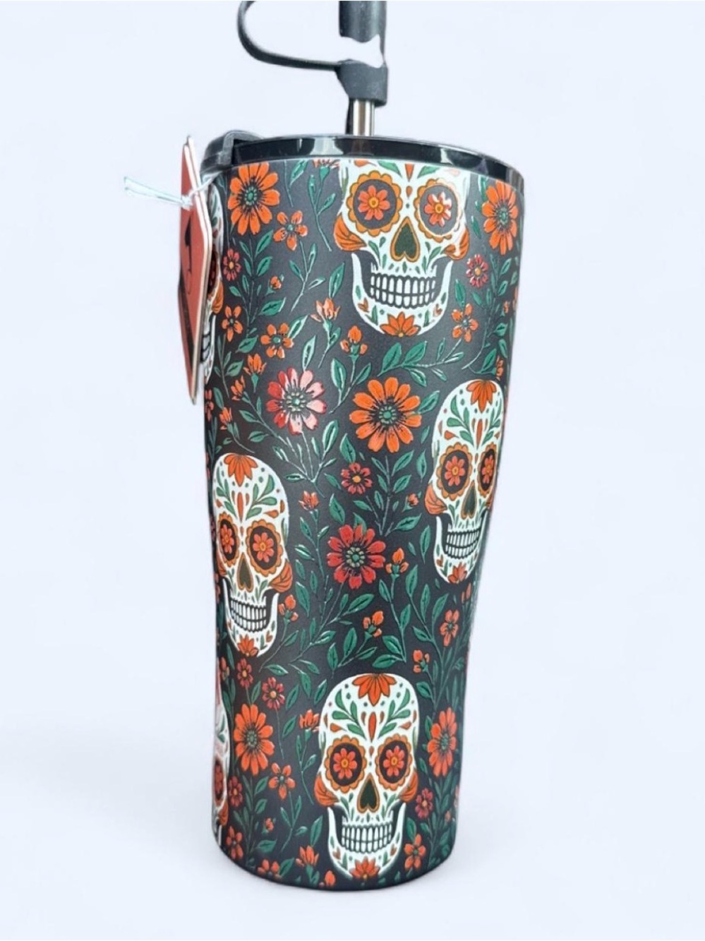 & Other Stories Floral Sugar Skull Travel Tumbler - Orange & Green